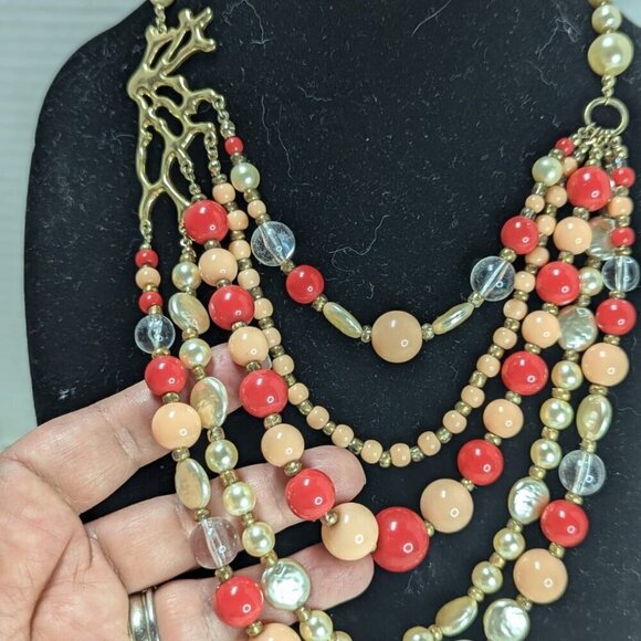 NRT Freshwater & Faux Pearl Necklace Coral Acrylic Beads Multi Strands - Picture 2 of 7